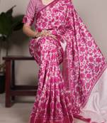 pink tasar art silk printed saree with shining viscose border