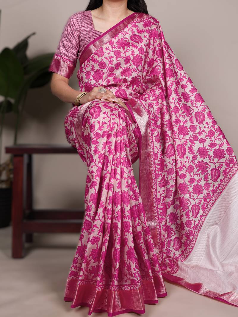 pink tasar art silk printed saree with shining viscose border