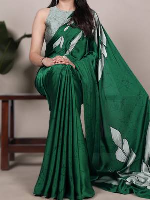 green satin art silk blend floral printed saree with matching blouse 1