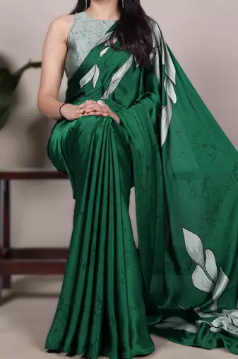 green satin art silk floral printed saree with matching blouse