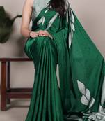 green satin art silk floral printed saree with matching blouse
