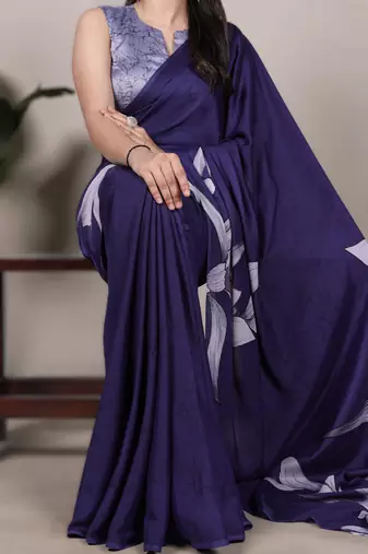 navy blue satin art silk floral printed saree with matching blouse