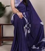 navy blue satin art silk floral printed saree with matching blouse