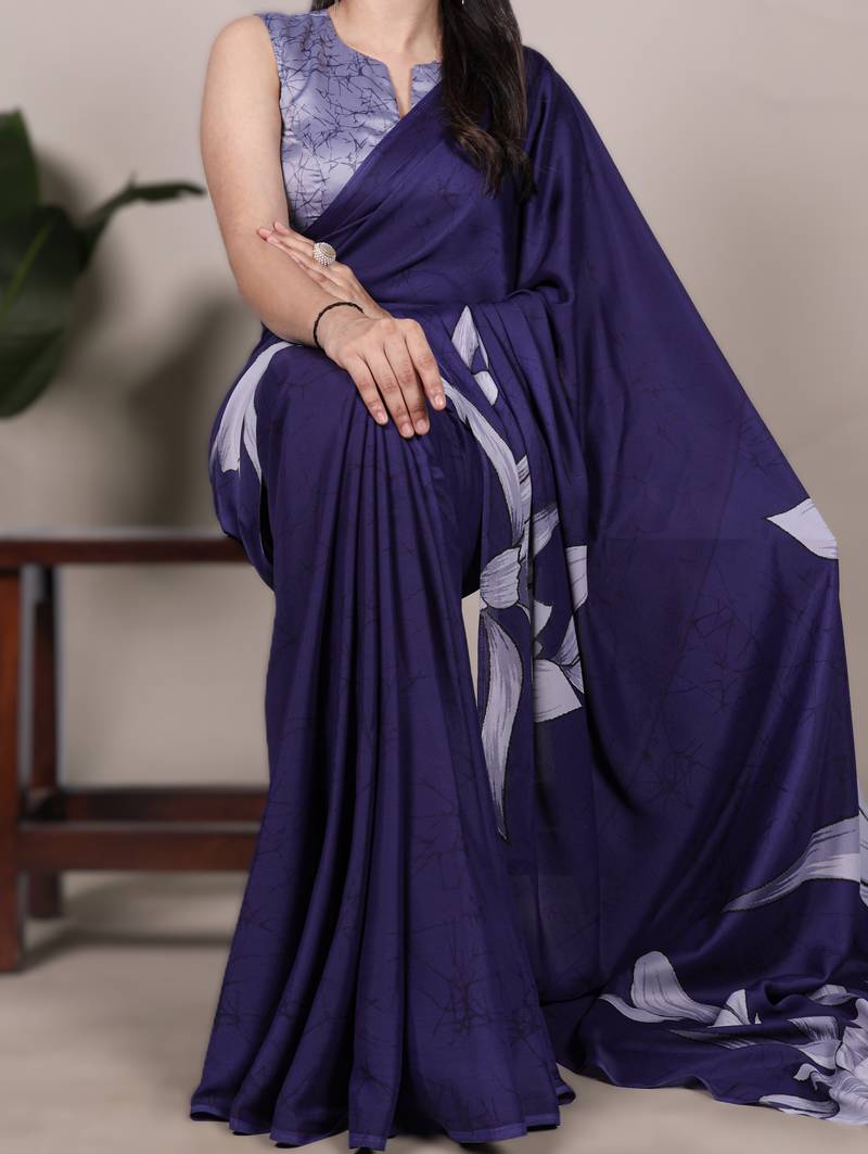 navy blue satin art silk floral printed saree with matching blouse