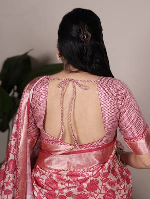 pink tasar art silk blend printed saree with shining viscose border 2