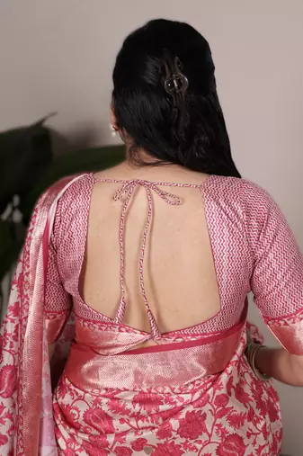 pink tasar art silk blend printed saree with shining viscose border