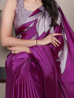 wine satin art silk blend floral printed saree with matching blouse 3