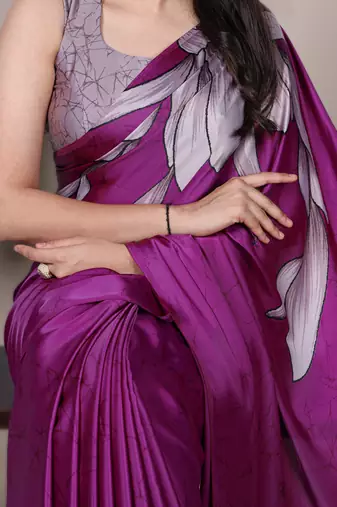 wine satin art silk blend floral printed saree with matching blouse