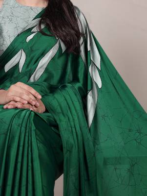 green satin art silk blend floral printed saree with matching blouse 2