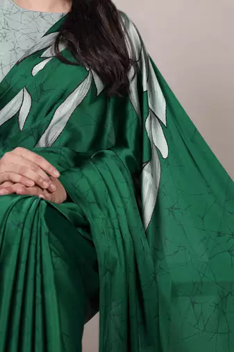 green satin art silk blend floral printed saree with matching blouse