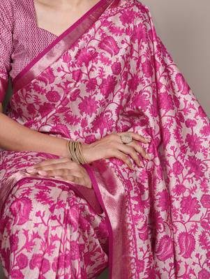 pink tasar art silk blend printed saree with shining viscose border 3