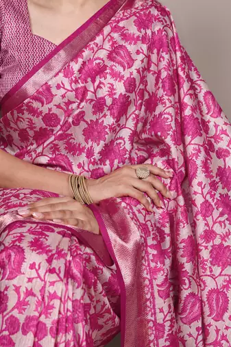 pink tasar art silk blend printed saree with shining viscose border