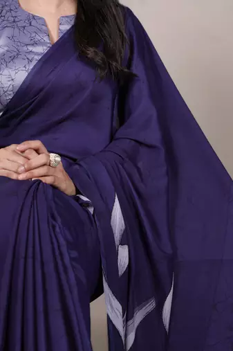 navy blue satin art silk blend floral printed saree with matching blouse