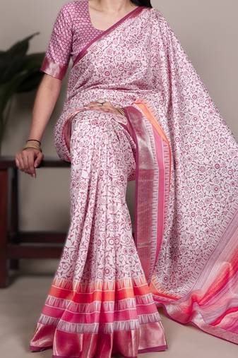 light pink tasar art silk printed saree with shining viscose border