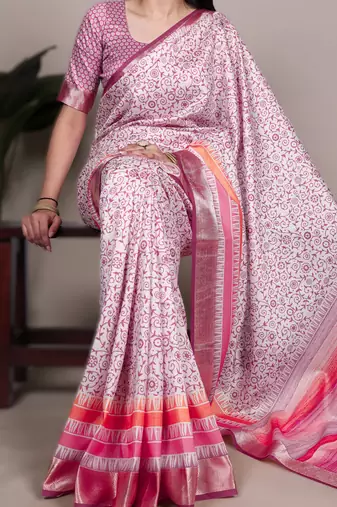 light pink tasar art silk printed saree with shining viscose border