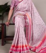 light pink tasar art silk printed saree with shining viscose border