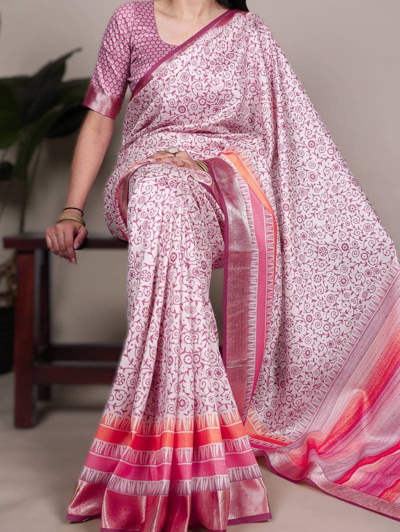 light pink tasar art silk printed saree with shining viscose border