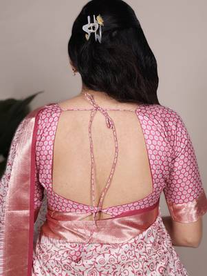 light pink tasar art silk blend printed saree with shining viscose border 2