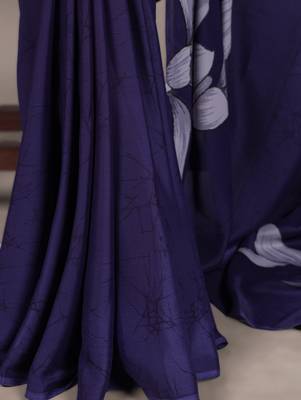 navy blue satin art silk blend floral printed saree with matching blouse 3