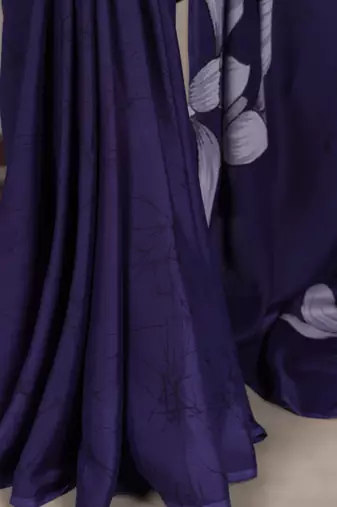 navy blue satin art silk blend floral printed saree with matching blouse