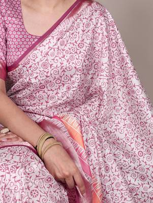 light pink tasar art silk blend printed saree with shining viscose border 3
