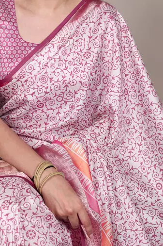 light pink tasar art silk blend printed saree with shining viscose border