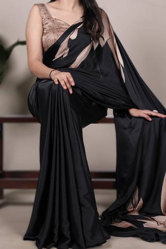 black satin art silk floral printed saree with matching blouse