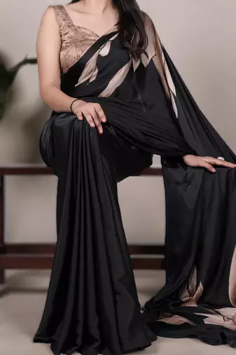 black satin art silk floral printed saree with matching blouse