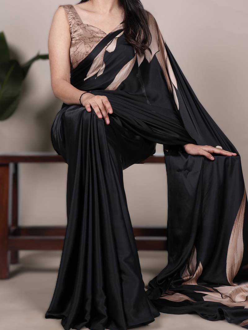 black satin art silk floral printed saree with matching blouse