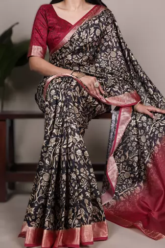 black tasar art silk printed saree with shining viscose border
