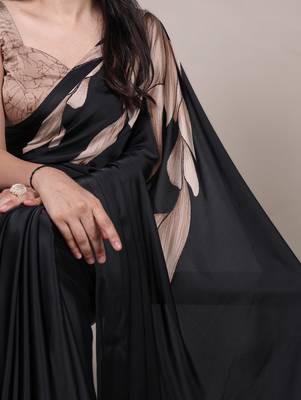 black satin art silk blend floral printed saree with matching blouse 3