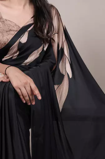 black satin art silk blend floral printed saree with matching blouse