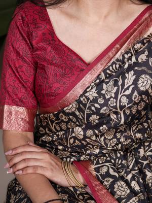 black tasar art silk blend printed saree with shining viscose border 3
