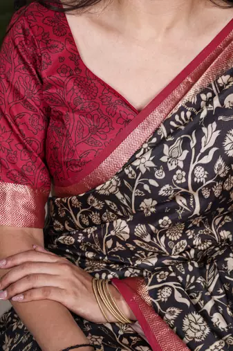black tasar art silk blend printed saree with shining viscose border