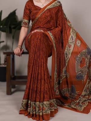 orange printed crepe saree with matching blouse 1