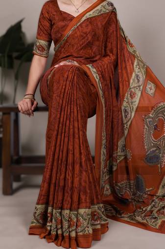 orange printed crepe saree with matching blouse