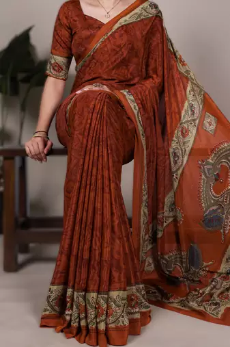 orange printed crepe saree with matching blouse