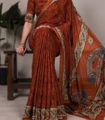 orange printed crepe saree with matching blouse
