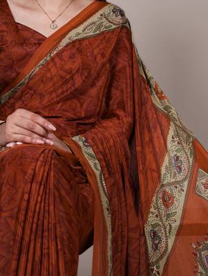 orange printed crepe saree with matching blouse 2