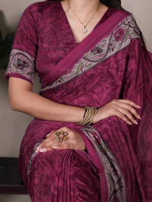 pink printed crepe saree with matching blouse 1