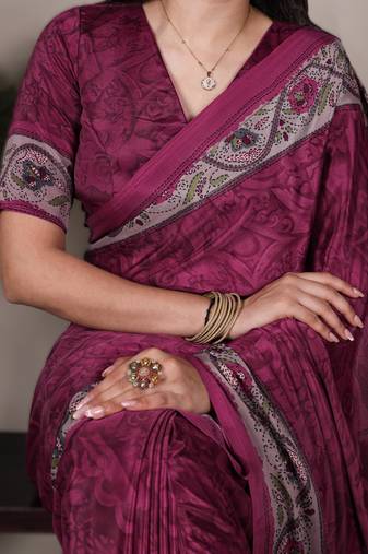 pink printed crepe saree with matching blouse