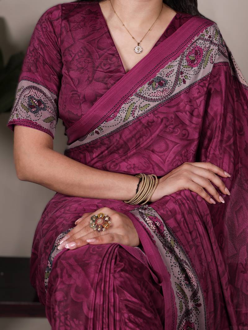 pink printed crepe saree with matching blouse