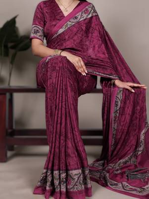 pink printed crepe saree with matching blouse 2
