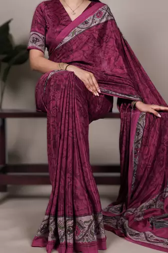 pink printed crepe saree with matching blouse