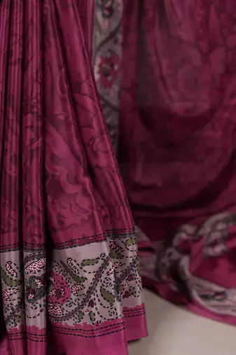 pink printed crepe saree with matching blouse