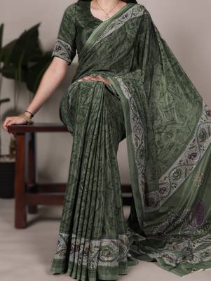 mehendi printed crepe saree with matching blouse 1