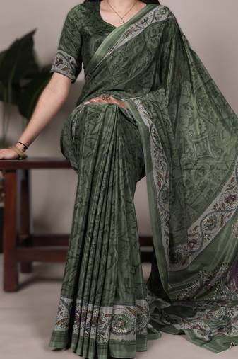 mehendi printed crepe saree with matching blouse