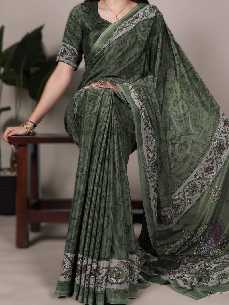 mehendi printed crepe saree with matching blouse