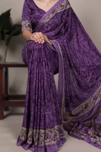 pruple printed crepe saree with matching blouse