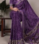 pruple printed crepe saree with matching blouse